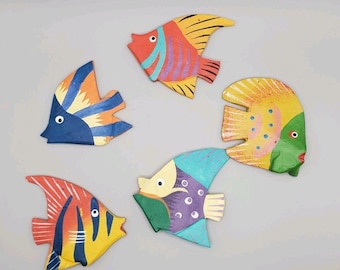 Lot Of 5 Whimsical Hand Carved and Painted Tropical Fish Wood Hanging Ornaments