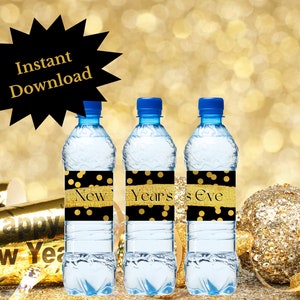 Oudejaarsavond waterfleslabel, gelukkig nieuwjaar, nieuwjaarsfeest, NYE-feest, NYE-decor, nieuwjaar, afdrukbare waterfleslabels,