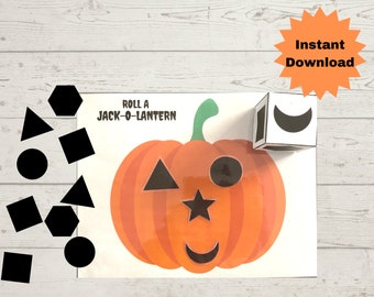 May include: A printable game for kids featuring a jack-o-lantern with a face made of shapes. The game includes a pumpkin with a face, a die with different shapes, and a set of shapes to use for the face. The text on the game says "Roll a Jack-o-lantern".