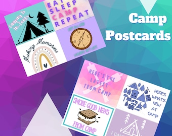 Può includere: Quattro cartoline colorate a tema campeggio. Le cartoline presentano illustrazioni di una tenda, una bussola, un falò, un arcobaleno, uno s'more e il testo "Camping is in-tent", "Eat Sleep Camp Repeat", "Making Memories", "Here's the latest from camp", "Smore good news from camp", "Here's what's new at camp" e "I can't wait to tell you about..."