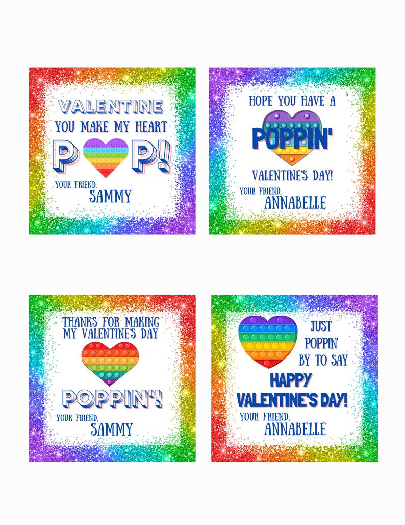 Op de afbeelding: Vier printbare Valentijnsdagkaarten met een regenboog pop-it hartontwerp. De kaarten hebben een glitterachtergrond en zeggen "Valentine you make my heart pop!"  "Hope you have a poppin' Valentine's Day!"  "Thanks for making my Valentine's Day poppin'" and "Just poppin' by to say Happy Valentine's Day!"