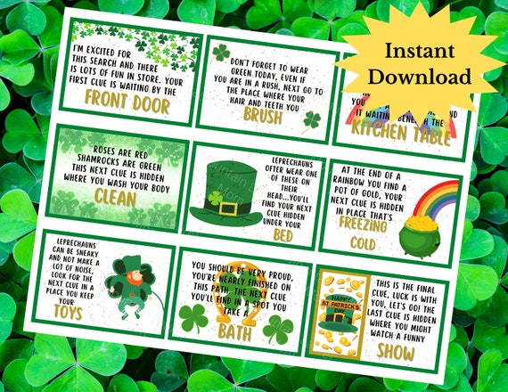 St Patricks Day Scavenger Hunt Clues, Leprechaun Hunt, Indoor Activity for  Kids, St Patrick Game, St. Patrick's Day Treasure Hunt Printable - Etsy