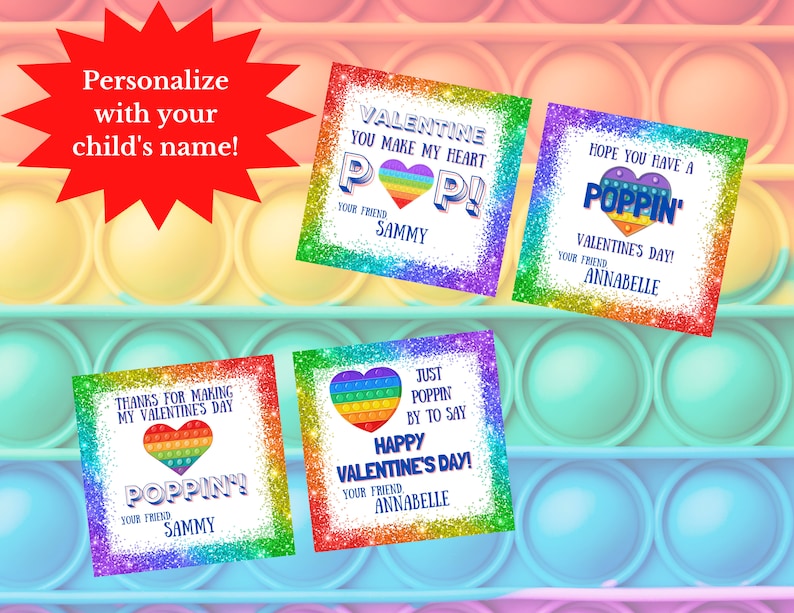 Op de afbeelding: Vier printbare Valentijnsdagkaarten met een regenboog pop-it speelgoedontwerp. De kaarten zeggen "Valentine you make my heart pop!" "Hope you have a poppin' Valentine's Day!" "Thanks for making my Valentine's Day poppin'" en "Just poppin' by to say Happy Valentine's Day!"