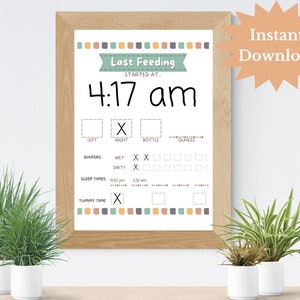 Dry Erase voedingstracker voor pasgeborenen. Babyshower cadeau. Veelkleurige droog uitwisbare babykaart. Tracker laatste voeding babyvoeding