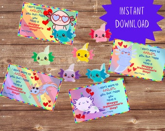 Tarjetas de San Valentín con ajolotes para niños, tarjetas imprimibles para el aula (PDF)