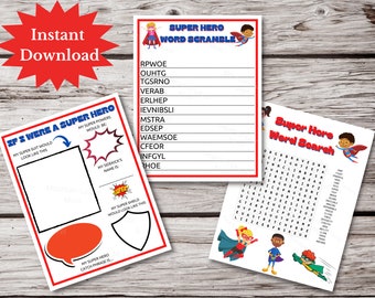 Super hero printable worksheet activity bundle, super hero school printable word game, super hero Word games, school word search