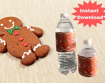 Etiquetas imprimíveis para garrafas de água de gengibre de Natal, decoração de pão de gengibre de Natal, decoração de Natal para mesa de Natal, crianças de Natal