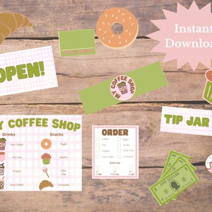 May include: Printable signs for a coffee shop, including an open sign, a menu, an order form, a tip jar sign, and a sign that says "My Coffee Shop". The signs are decorated with a pink and green checkered pattern and feature illustrations of coffee cups, donuts, croissants, and cupcakes.