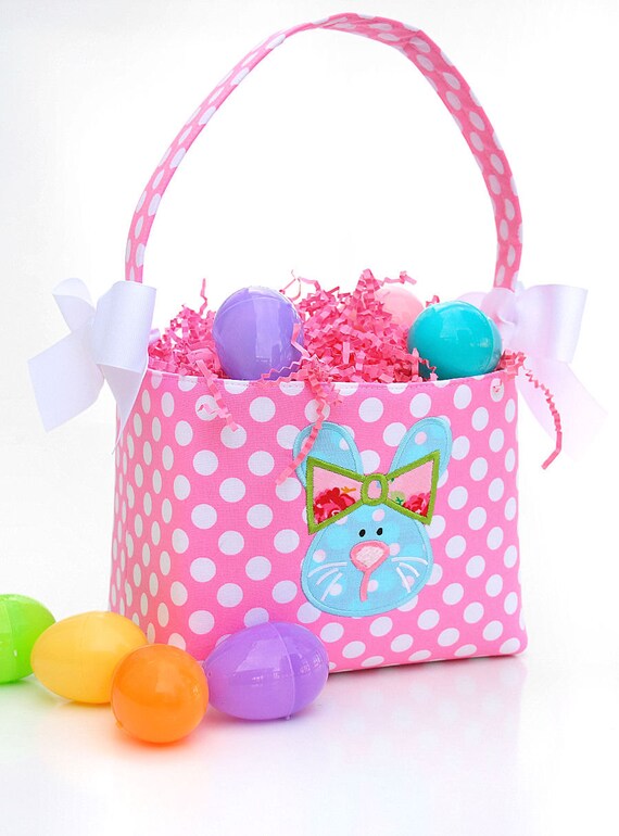 Items similar to Easter Basket fabric Bunny Applique Pink polka dot on Etsy