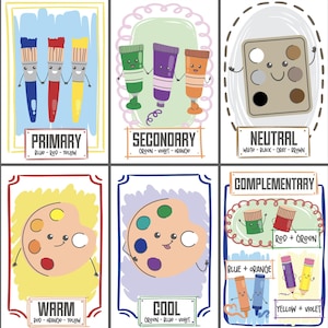 May include: Six illustrated cards about color theory. The cards feature cartoon paintbrushes, paint tubes, and palettes. The cards are labeled "Primary", "Secondary", "Neutral", "Warm", "Cool", and "Complementary", with color combinations listed below.