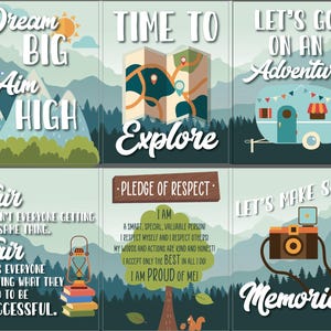 May include: A collection of six inspirational art prints with motivational phrases. The prints feature phrases like "Dream Big, Aim High," "Time to Explore," and "Let's Go on an Adventure." The color palette includes blues, greens, and browns, with white text.