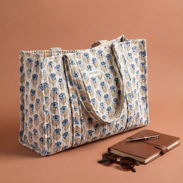 Bolsa de algodón acolchada con estampado a mano: tamaño grande