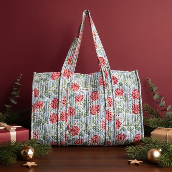 Bolsa de algodón acolchada con estampado a mano: tamaño grande