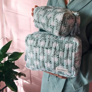 Organizer trapuntato stampato a mano Duo - Set di 2 (grande-piccolo), borsa da viaggio per il trucco, borse per cosmetici e articoli da toeletta, astuccio con cerniera, regalo fatto a mano