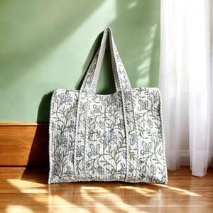 Hand Block Printed Quilted Cotton Tote Bag: Large Shopper