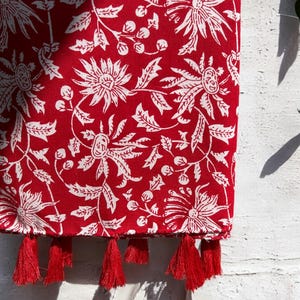 Hand Block Printed Cotton Scarf: Floral Tassel Scarf