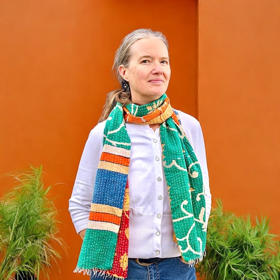 Vibrant Cotton Kantha Scarf: Double-Sided Vintage Wrap