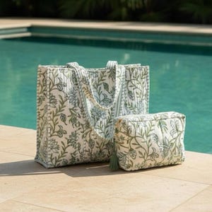 Set di borse trapuntate stampate a mano: organizer da viaggio in cotone