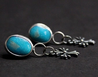 READY TO SHIP - Kingman Turquoise x Cross Sterling Silver Dangle Earrings 02 | Studs Post | Gugma Women's Minimalist Jewelry