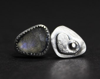 MISMATCHED Labradorite Sterling Silver Stud Earrings  |  Studs Post | Women's Statement Minimalist Jewelry | Gugma Jewelry