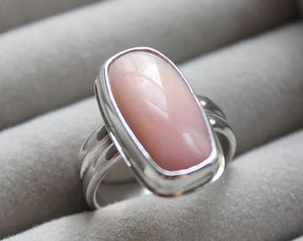 SIZE 7 - Rectangular Pink Opal Sterling Silver Ring | Double Band Rectangle | GUGMA Women's Minimalist Handmade Jewelry