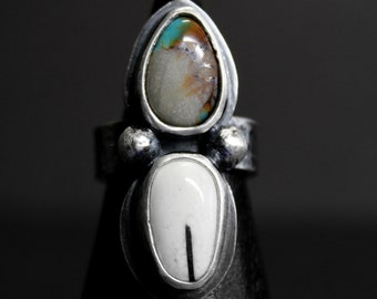 SIZE 5.75 - Royston Boulder Turquoise x White Buffalo Turquoise Sterling Silver Ring | 2 Two Stone Ring | Boho Minimalist | Gugma Jewelry