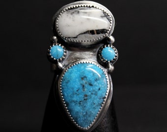 SIZE 8.5 - Kingman x White Buffalo Turquoise Sterling Silver Statement Ring | 3 Three Stone Statement Ring | Boho Minimalist | Gugma Jewelry