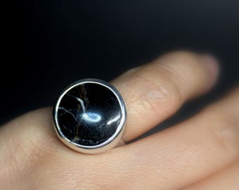 Size 5.5  5.75 Round White Buffalo Ribbon Turquoise Sterling Silver Ring | Geometric Minimalist Boho Gugma Jewelry