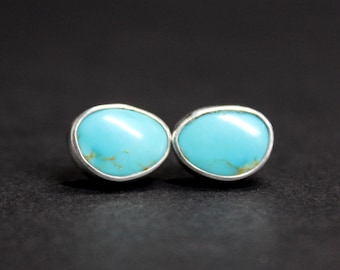 READY TO SHIP - Oval Kingman Turquoise Sterling Silver Studs Post Earrings | Triangle Geometric Boho Minimalist | Gugma Jewelry