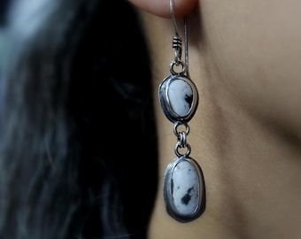 White Buffalo Turquoise Sterling Silver Dangle Earrings | Two Stone Boho Minimalist Earrings | Gugma Jewelry