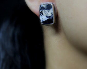 Extra Large Rectangular White Buffalo Turquoise Sterling Silver Stud Post Earrings | Boho Minimalist Earrings | Gugma Jewelry