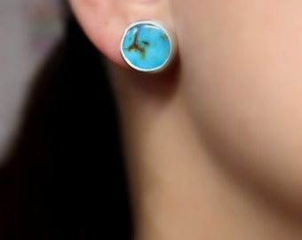 Large Turquoise Mountain Turquoise Sterling Silver Stud Post Earrings | Minimalist Posts Studs Earrings | Gugma Jewelry