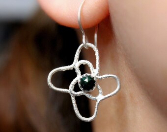 Rose Ethiopian Black Fire Opal Sterling Silver Drop Dangle  Flower Earrings | Geometric Statement Jewelry | Gugma Women's Jewelry