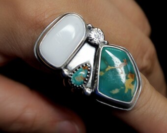 SIZE 8.75 - Green Royston x White Buffalo Turquoise Sterling Silver Ring | Three 3 Stone Statement Ring | Boho Minimalist | Gugma Jewelry
