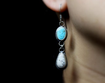 Kingman Turquoise + White Buffalo Turquoise Sterling Silver Drop Dangle Earrings | Two-stone Earrings | Boho Minimalist | Gugma Jewelry