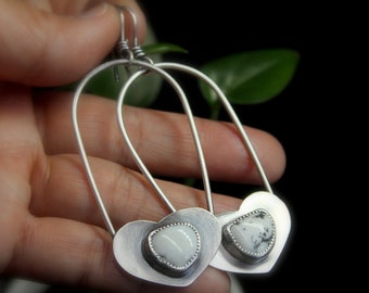 White Buffalo Turquoise Sterling Silver Dangle Hoop Heart Earrings | Women's Minimalist Dangle Earrings | Gugma Jewelry