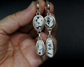 Large White Buffalo Turquoise Sterling Silver Huggie Hoop Dangle Earrings | Two Stone Boho Minimalist Earrings | Gugma Jewelry
