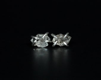 Tiny Salt And Pepper Raw Herkimer Diamond Sterling Silver Post Stud Earrings | Studs Posts Boho Minimalist | Gugma Jewelry