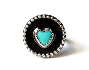 SIZE 6 6.5 - Kingman Turquoise Heart Sterling Silver Ring | Arizona Mine | December Birthstone | Gugma Women's Minimalist