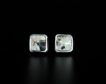 Asymmetrical Mismatched Square White Buffalo Turquoise Sterling Silver Stud Post Earrings | Boho Minimalist Earrings | Gugma Jewelry