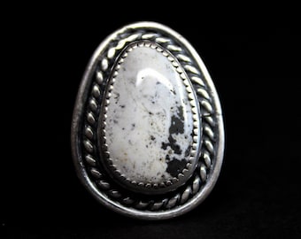 SIZE 6 - White Buffalo Teardrop Turquoise Sterling Silver Ring | Nevada Mine | Rectangular Geometric Minimalist Boho Bohemian Gugma Jewelry