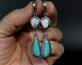 Royston x White Buffalo Turquoise Sterling Silver Huggie Hoop Dangle Earrings | Two Stone Boho Minimalist Earrings | Gugma Jewelry