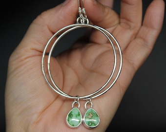 Teardrop Emerald Valley Turquoise Sterling Silver Drop Hoop Dangle Earrings | Women's Boho Bohemian Minimalist Earrings | Gugma Jewelry