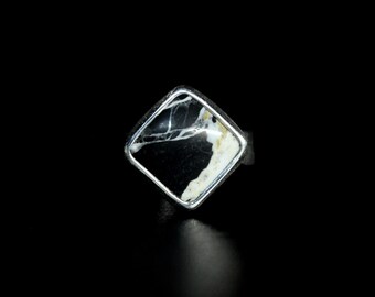 Size 6.25 Square Diamond White Buffalo Ribbon Turquoise Sterling Silver Ring | Geometric Minimalist Boho Gugma Jewelry