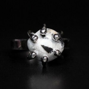Può includere: Un anello d'argento con una pietra bianca e nera incastonata in una montatura a griffe. La pietra è circondata da sei griffe d'argento.