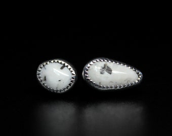 Mismatched White Buffalo Turquoise Sterling Silver Stud Post Earrings | Nevada Mine | Boho Minimalist Statement Earrings | Gugma Jewelry