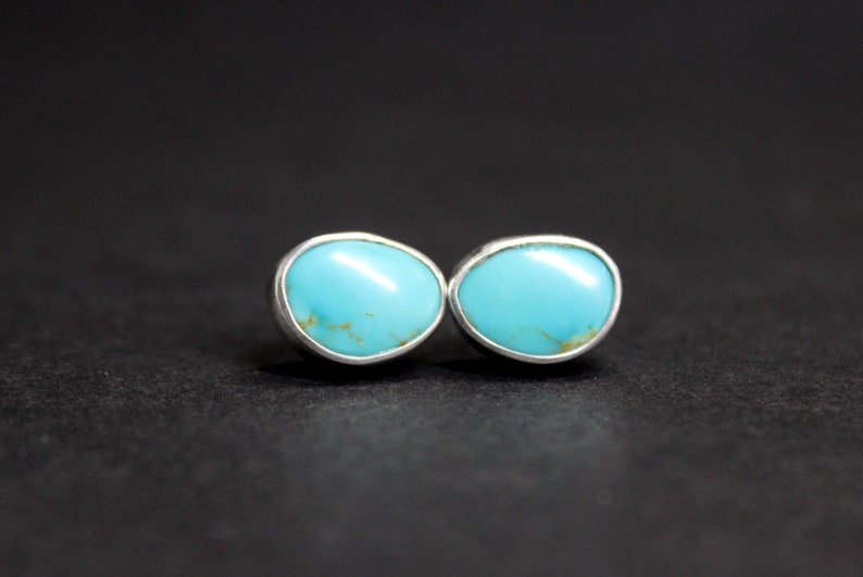 READY TO SHIP - Oval Kingman Turquoise Sterling Silver Studs Post Earrings | Triangle Geometric Boho shops Minimalist | Gugma Jewelry