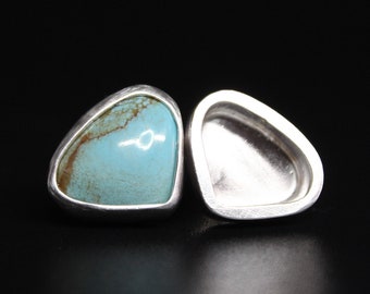 Large Asymmetrical Mismatched Number 8 Mine Turquoise Shadowbox Sterling Silver Earrings | Stud Post #8 Mine | Gugma Jewelry