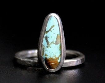 SIZE 10 - Long Teardrop Blue Royston Turquoise Sterling Silver Ring | Nevada Mine | Boho Bohemian Minimalist | Gugma Jewelry