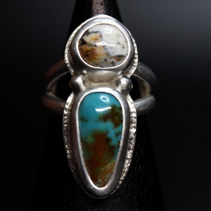 SIZE 7 - Two Stone Royston Turquoise x White Buffalo Turquoise Sterling Silver Ring | 2 Stone Statement Ring Boho Minimalist | Gugma Jewelry